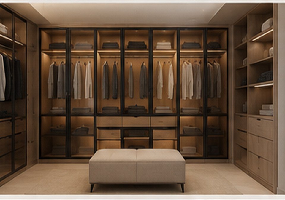 Vestidor oscuro con puertas de vidrio